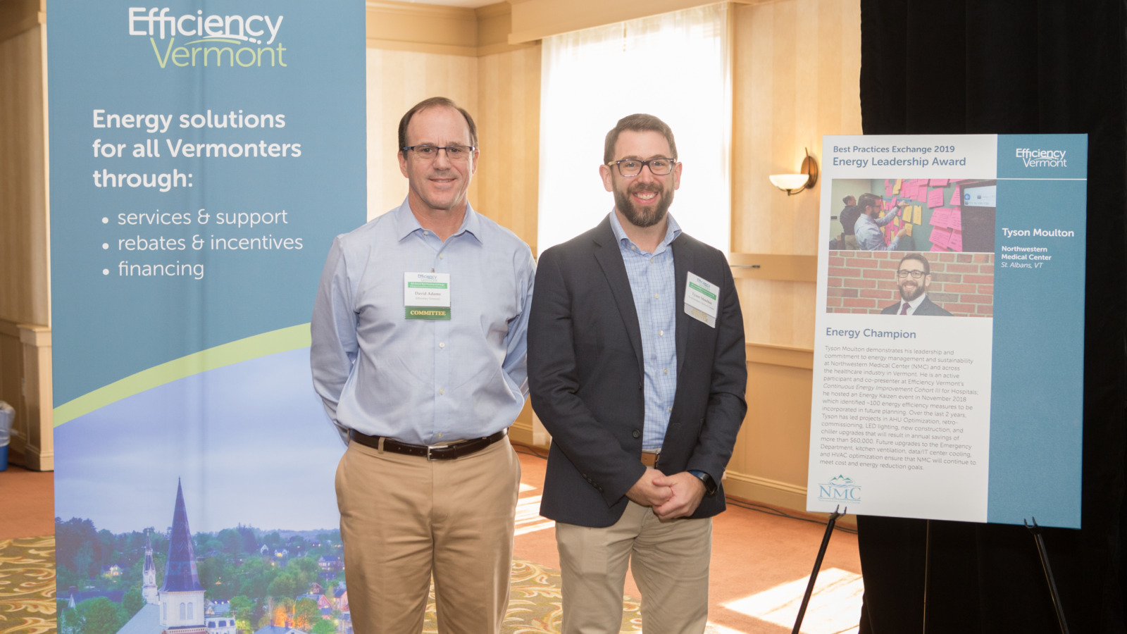 Dave Adams, left, of Efficiency Vermont with Director of Facilities Tyson Moulton