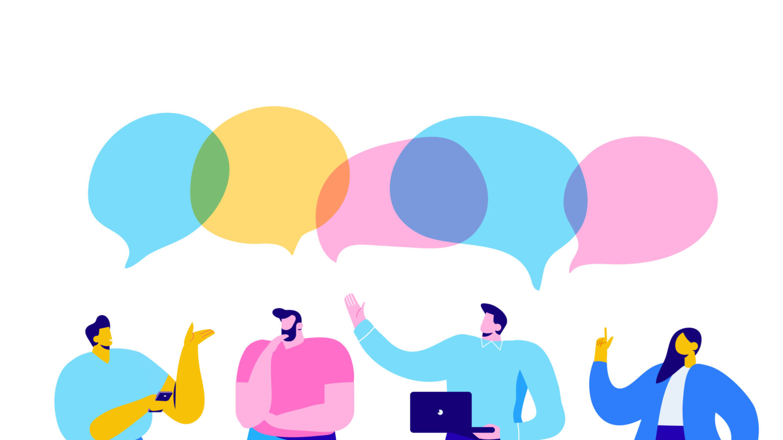 Illustration of a group of four people with thought bubbles above their head