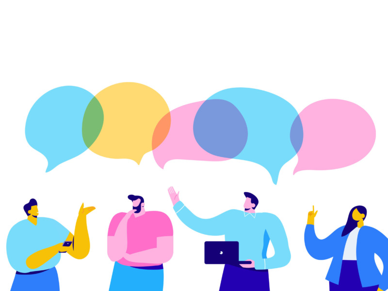 Illustration of a group of four people with thought bubbles above their head