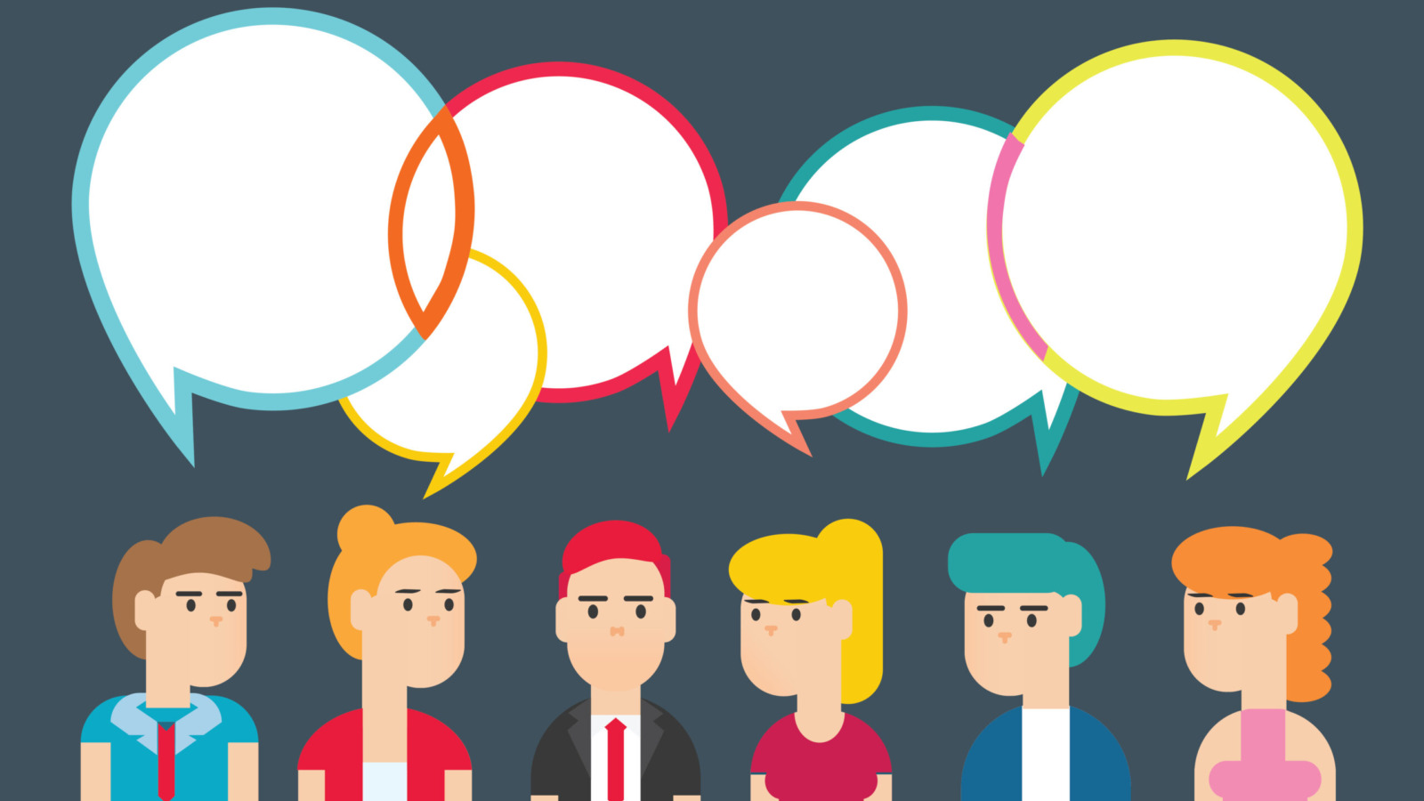 cartoon showing six people with blank thought bubbles overhead