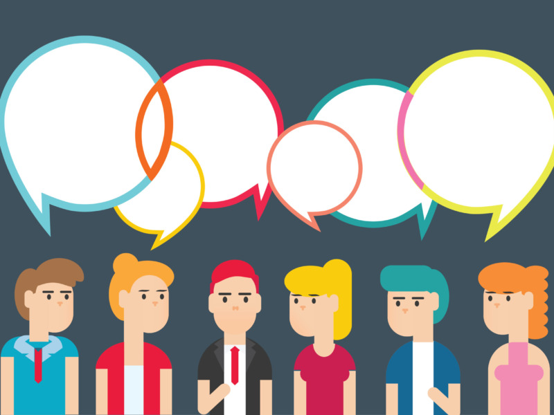 cartoon showing six people with blank thought bubbles overhead