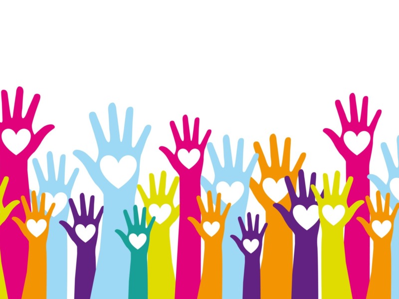 colorful image of hands and arms raised to depict Diversity, Equity and Inclusion
