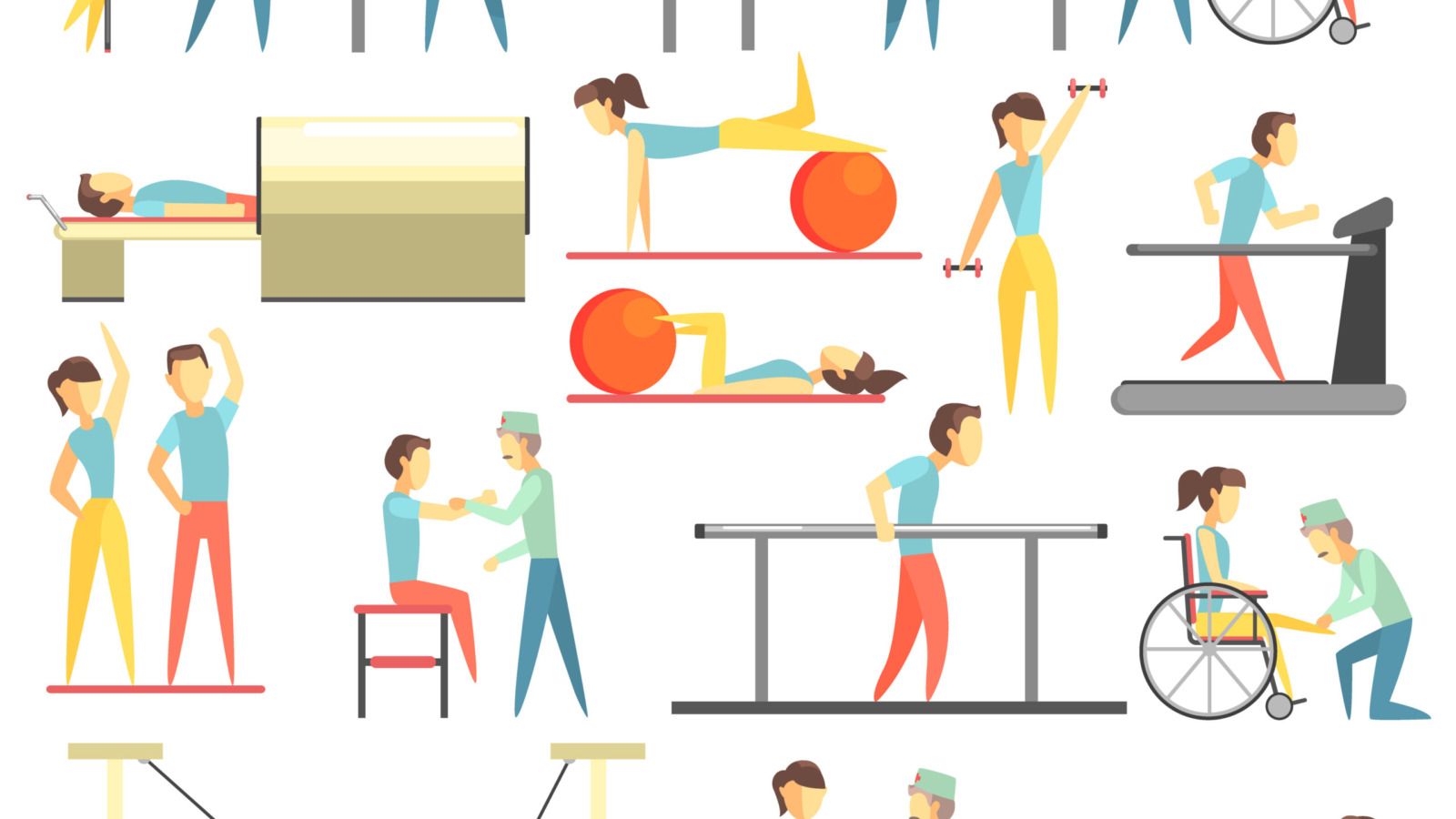 cartoon illustration of patients performing various physical therapy exercises