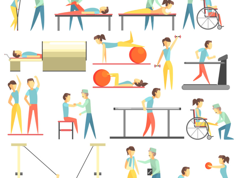 cartoon illustration of patients performing various physical therapy exercises