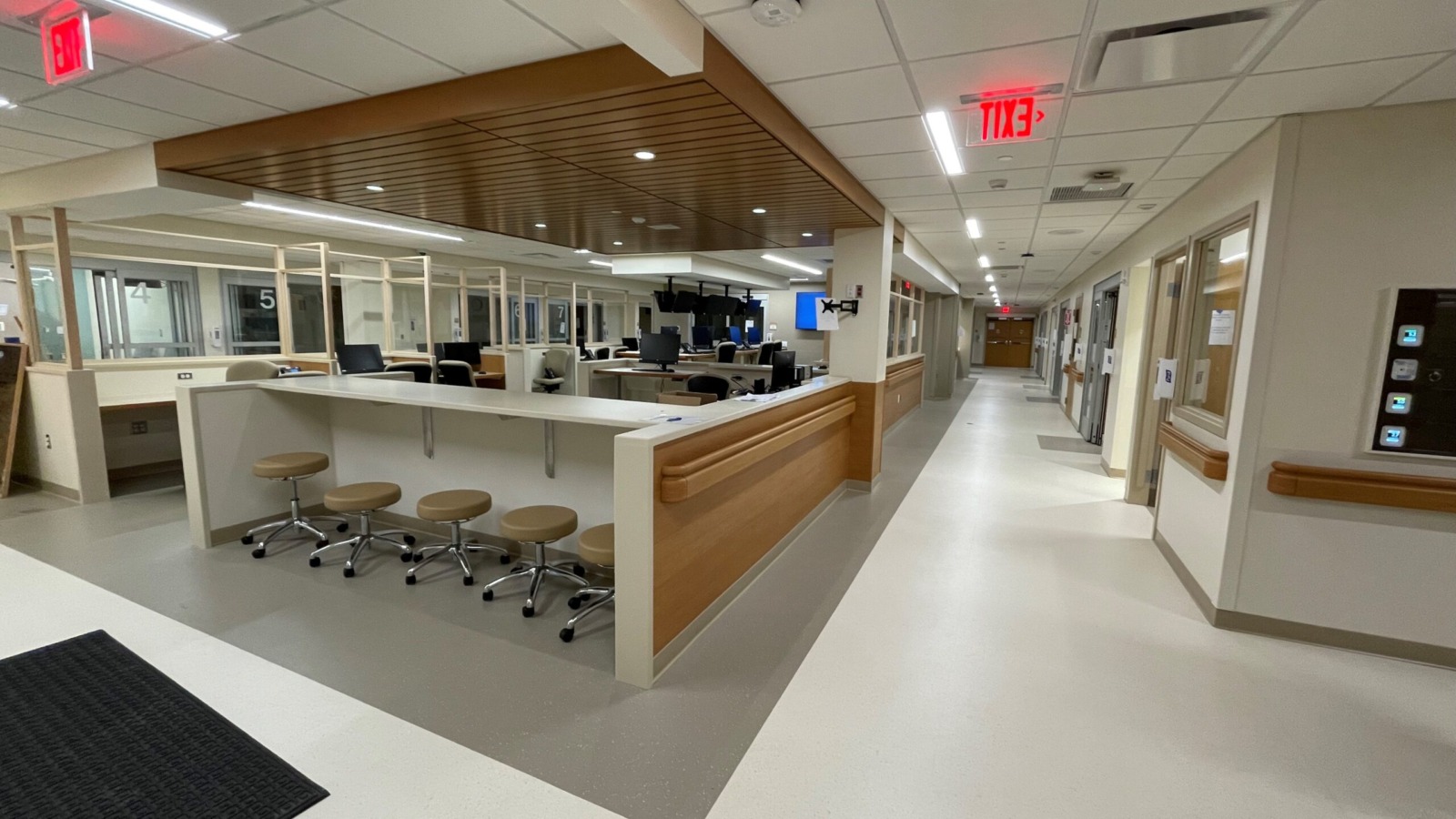 wide view looking into hallway and nurse work hub of Northwestern Medical Centers new Emergency department