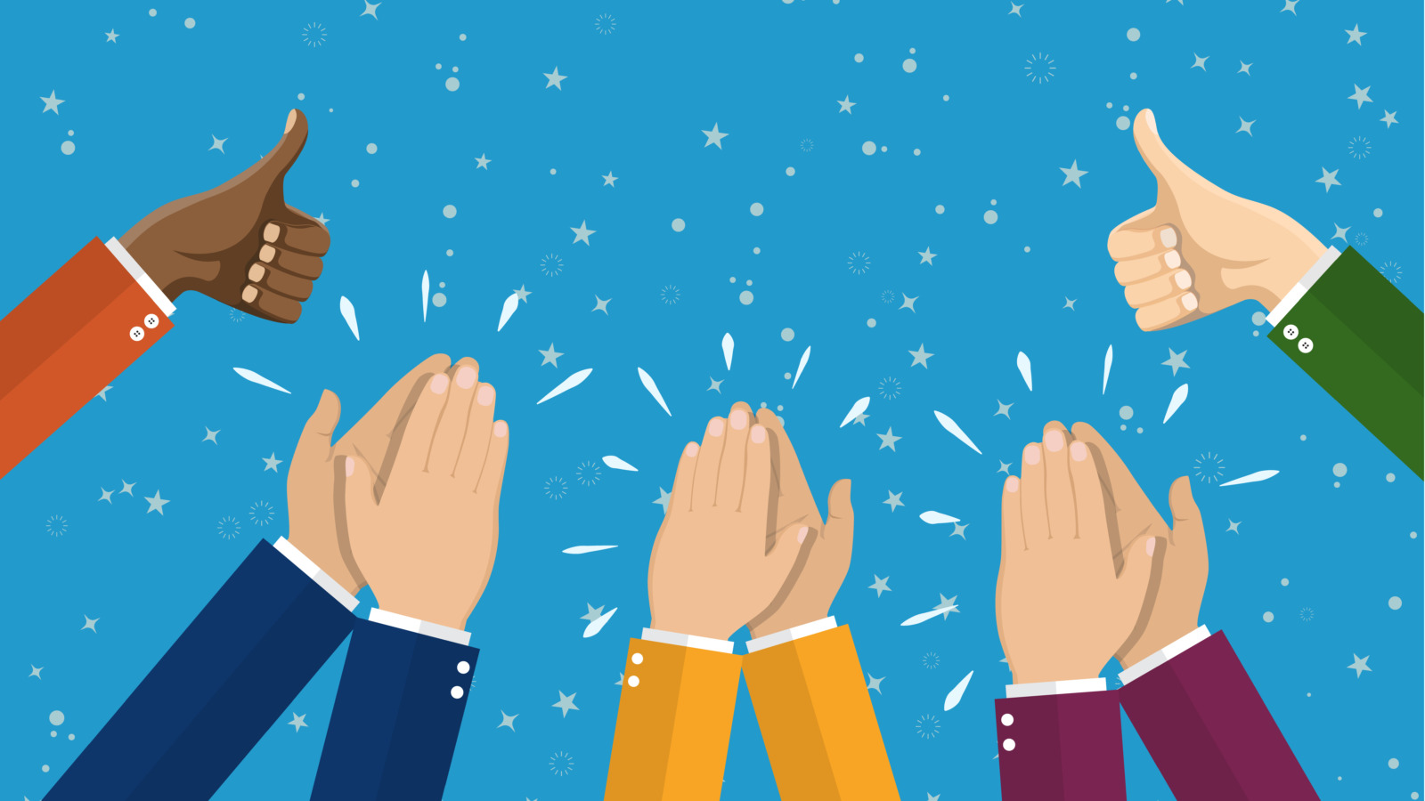 Illustration of hands clapping and thumbs up to celebrate an accomplishment