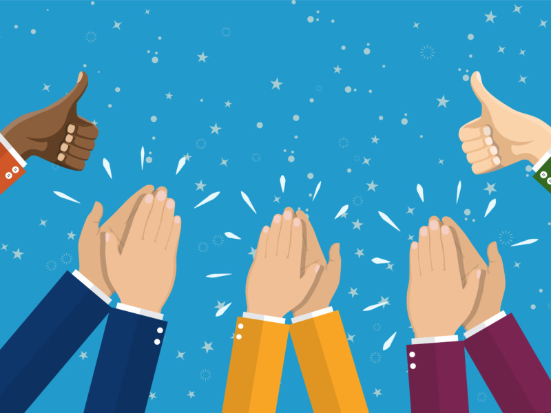 Illustration of hands clapping and thumbs up to celebrate an accomplishment