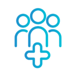 Three abstract people with plus sign icon