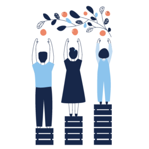 people standing on different levels, reaching an equal height