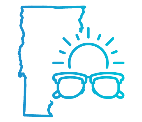 Outline of the state of Vermont with sun and sunglasses next to it
