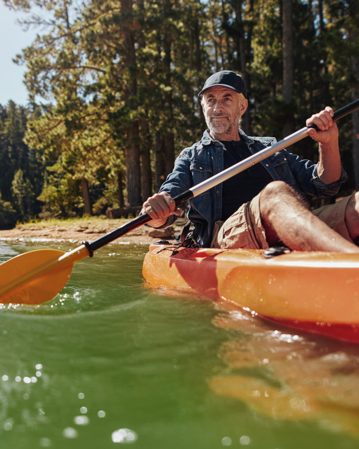Photo of a man kayaking on a lake