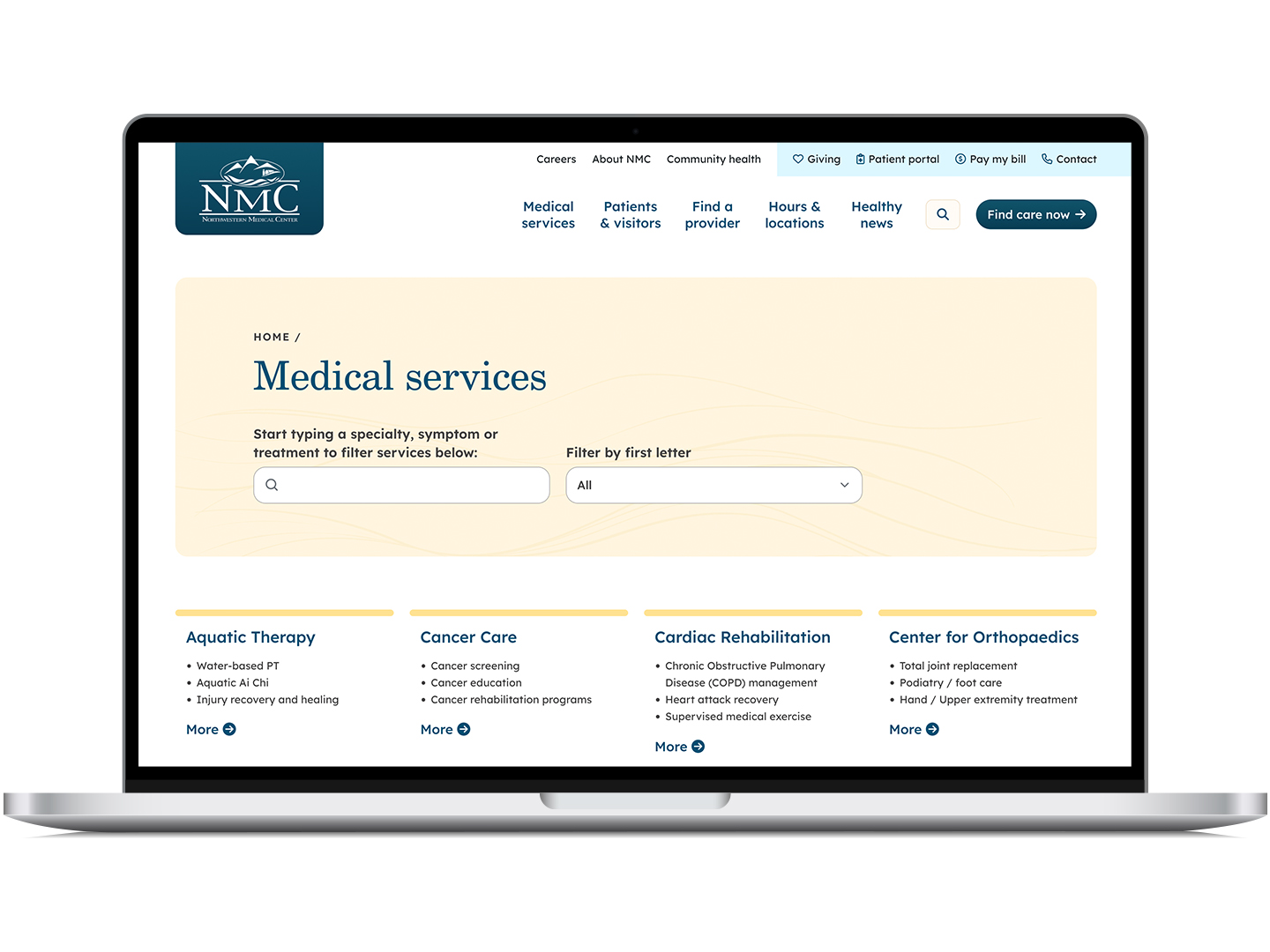 Image of a laptop showing the medical services page on the NMC website