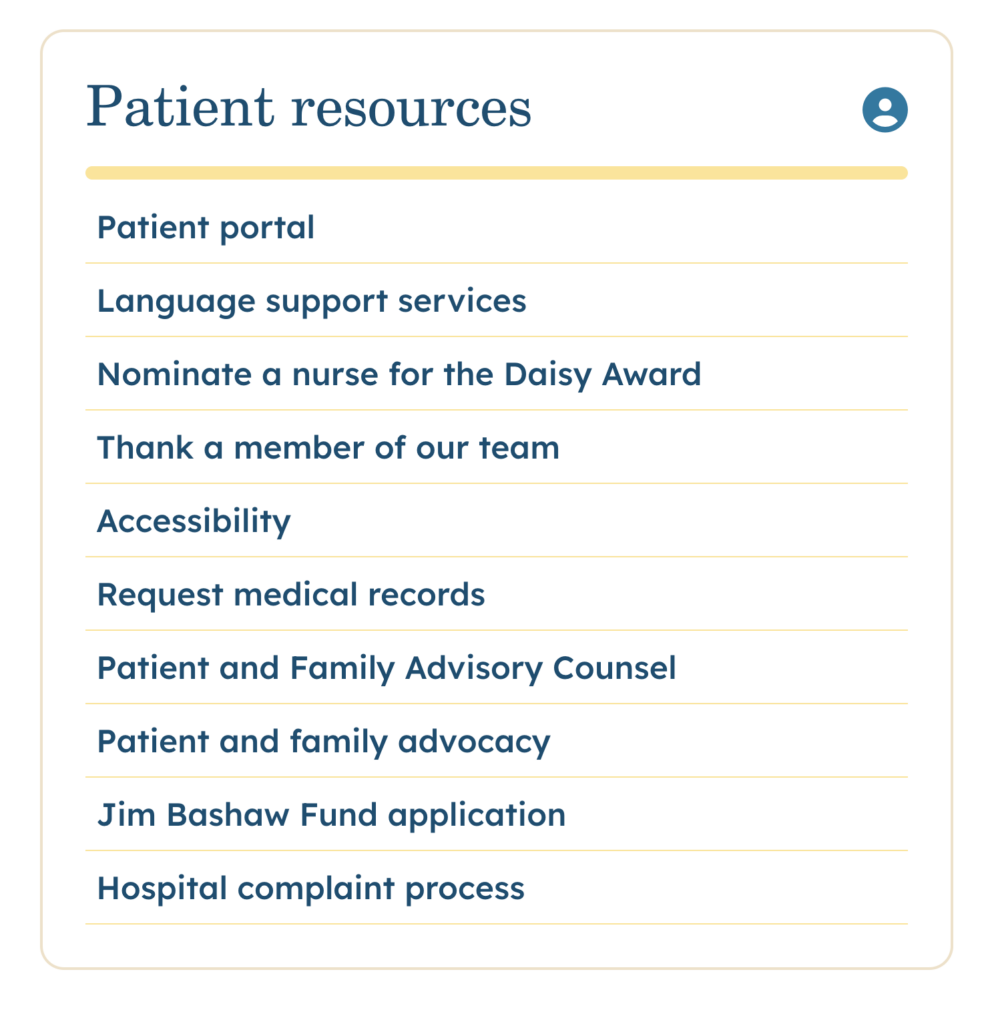 Image of the 'Patient resources' menu listing